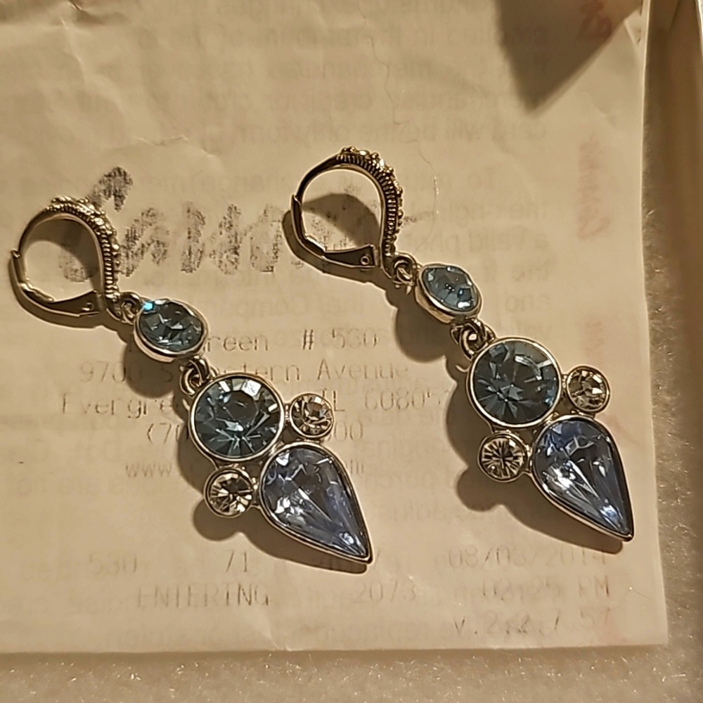 Peacock Blue Gemstone Dangling Teardrop Earrings, Pierce w/Cubic Zirconia Stones
